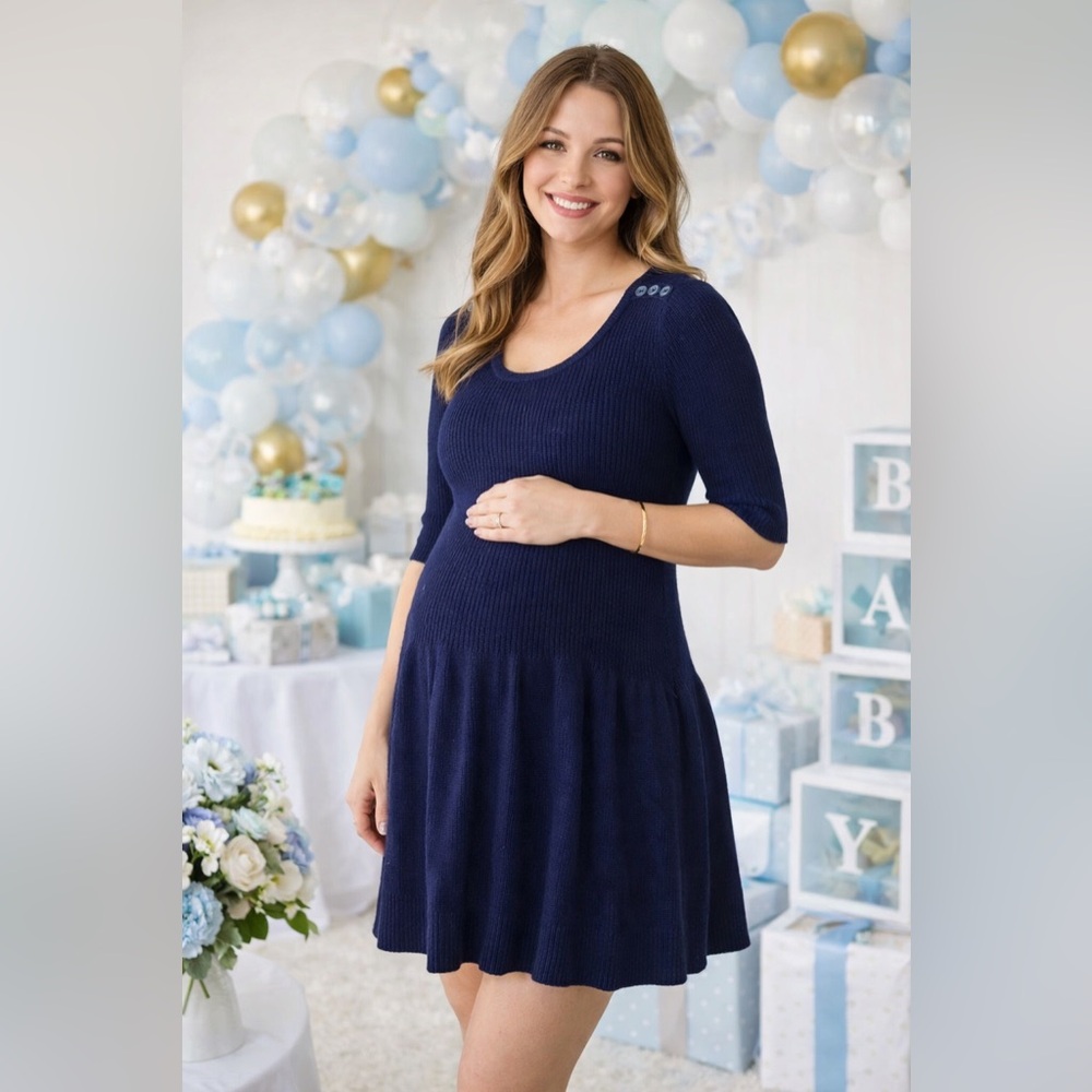 Motherhood Maternity Navy Knit Dress / Tunic Button Shoulder Size Medium